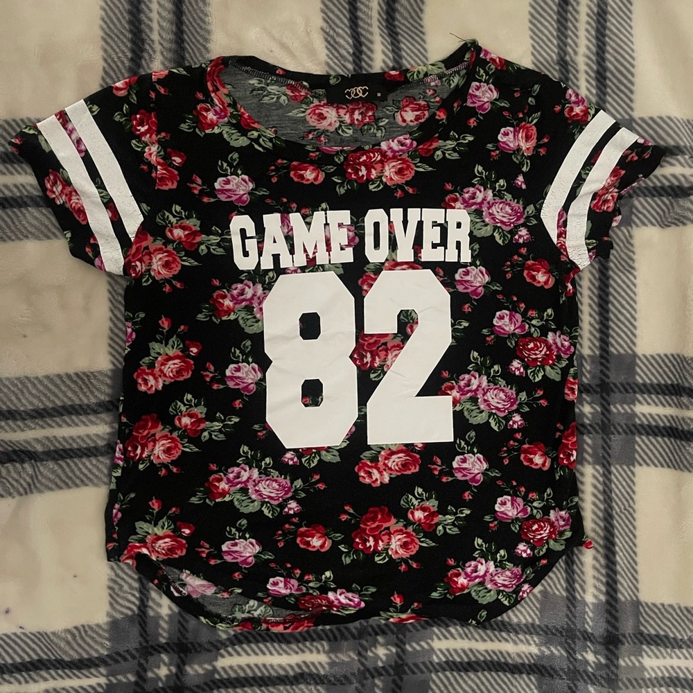 Floral and Black Shirt with Game Over Printed on Shirt